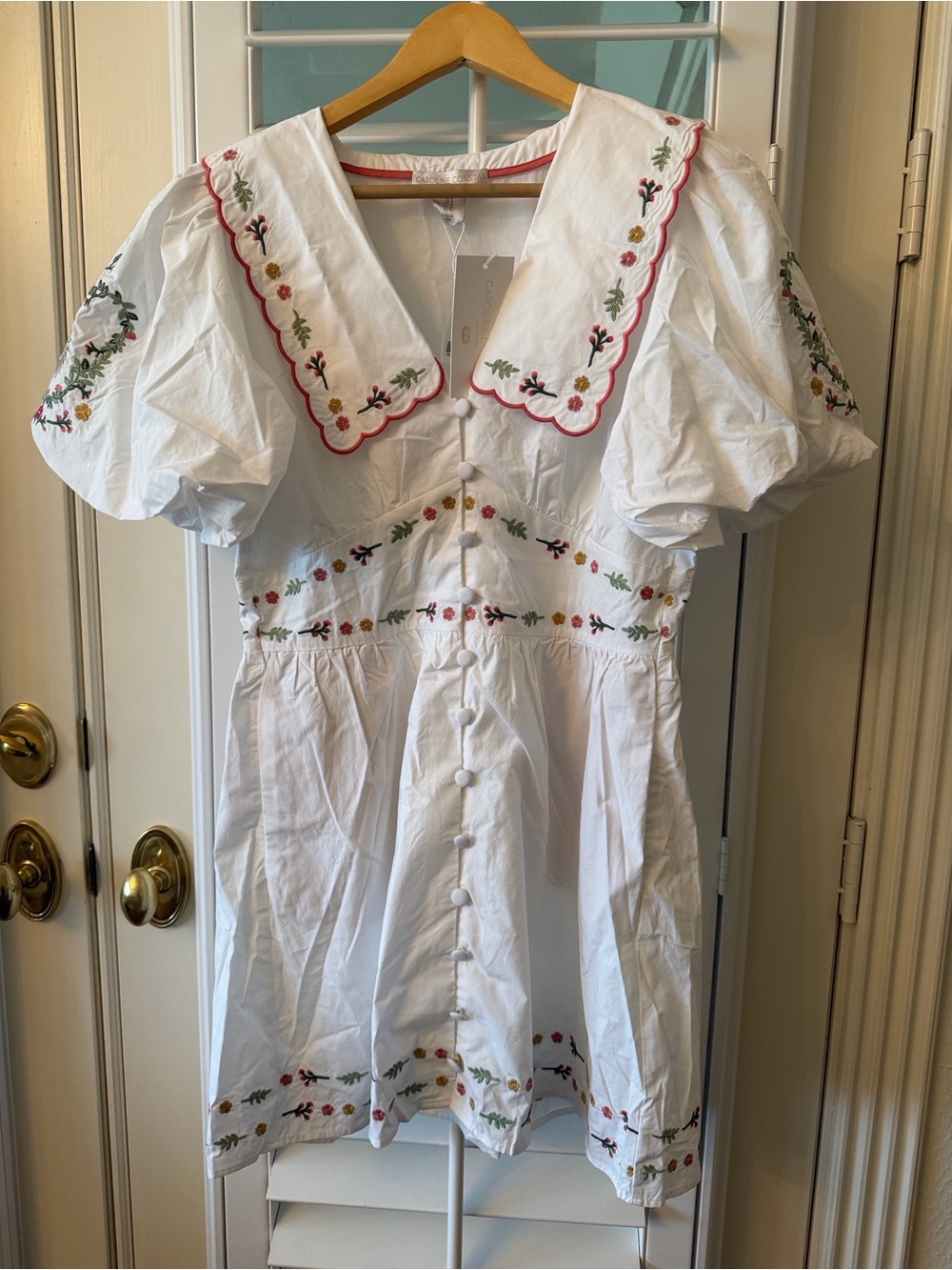 Caroline Constas White Embroidered Puff Sleeve Button-Front Dress. Size S